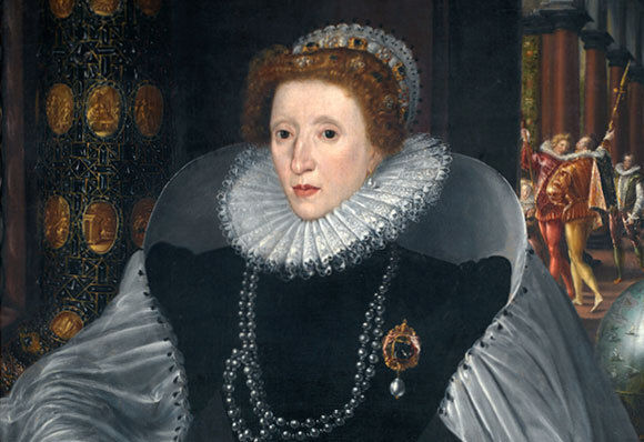 A painting of Elizabeth I of England, dressed in a ruffled lace collar, tiara, gown, and pearls, against the backdrop of a royal ball.